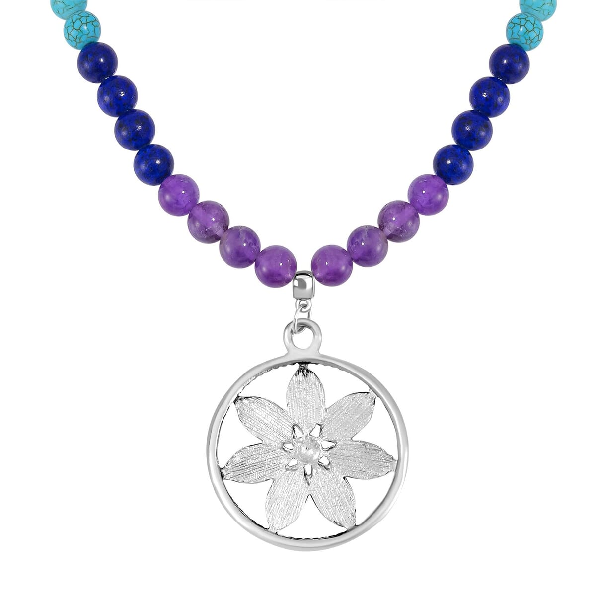 Multi Gemstone 325.00 ctw Beaded Seven Chakra Floral Necklace 18-20 Inches and Stretch Bracelet in Silvertone image number 3