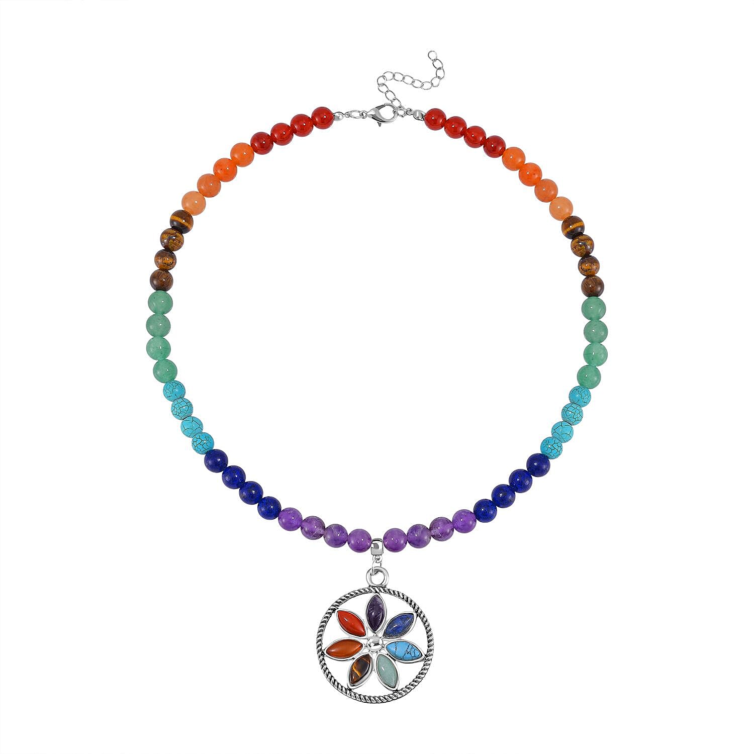 Multi Gemstone 325.00 ctw Beaded Seven Chakra Floral Necklace 18-20 Inches and Stretch Bracelet in Silvertone