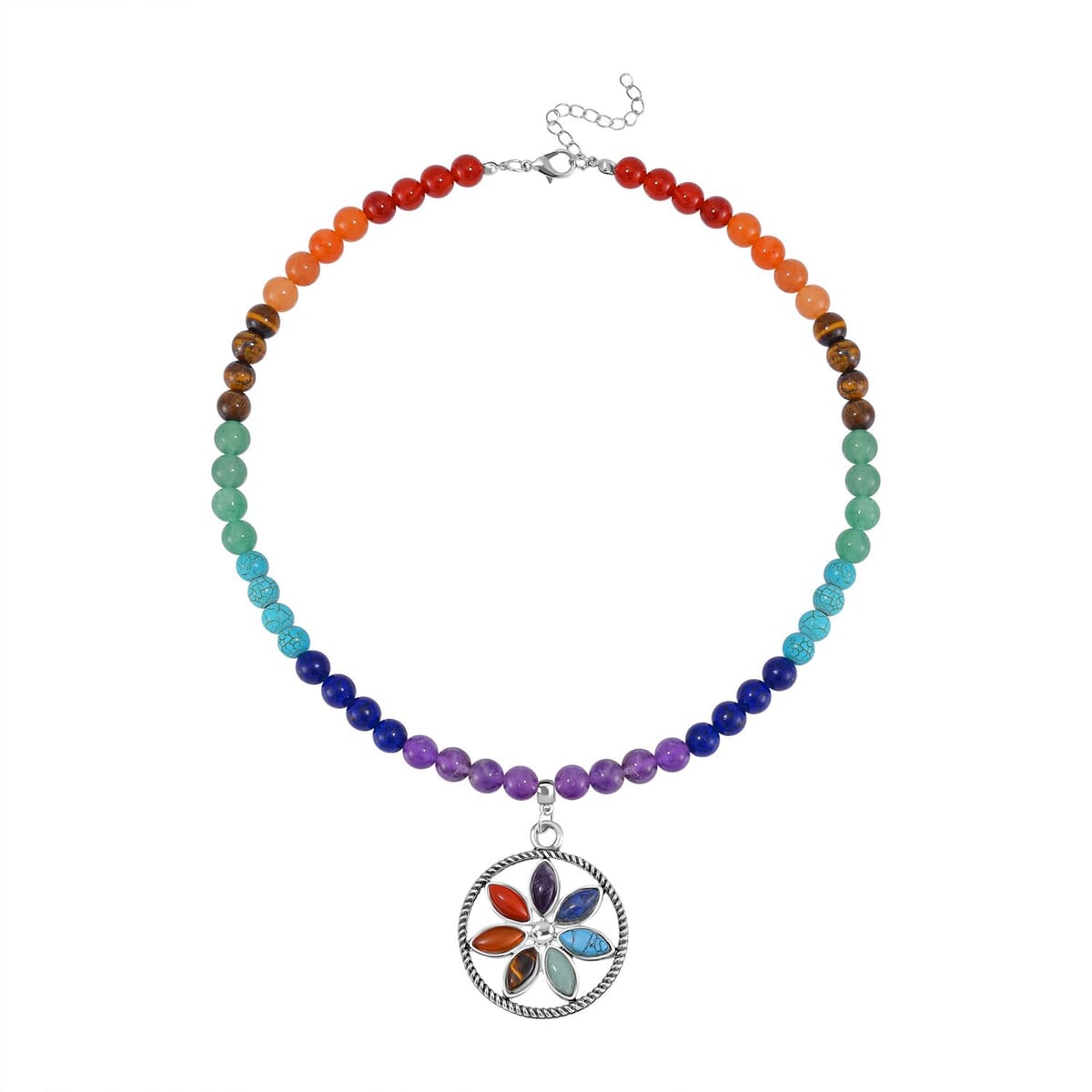 Multi Gemstone 325.00 ctw Beaded Seven Chakra Floral Necklace 18-20 Inches and Stretch Bracelet in Silvertone image number 5