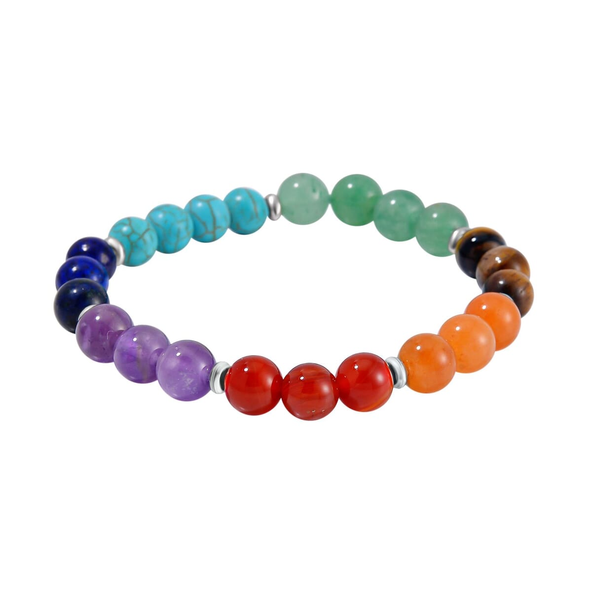 Multi Gemstone 325.00 ctw Beaded Seven Chakra Floral Necklace 18-20 Inches and Stretch Bracelet in Silvertone image number 6