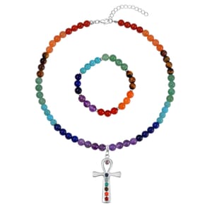 Multi Gemstone 325.00 ctw Beaded Seven Chakra Cross Necklace 18-20 Inches and Stretch Bracelet in Silvertone
