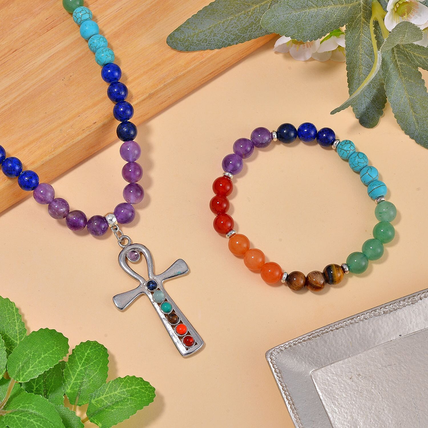 Multi Gemstone 325.00 ctw Beaded Seven Chakra Cross Necklace 18-20 Inches and Stretch Bracelet in Silvertone