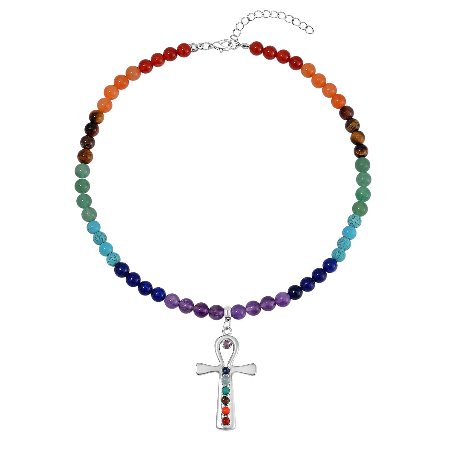 Multi Gemstone 325.00 ctw Beaded Seven Chakra Cross Necklace 18-20 Inches and Stretch Bracelet in Silvertone