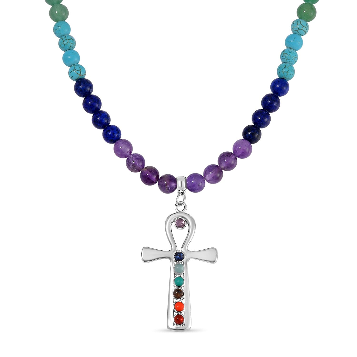 Multi Gemstone 325.00 ctw Beaded Seven Chakra Cross Necklace 18-20 Inches and Stretch Bracelet in Silvertone