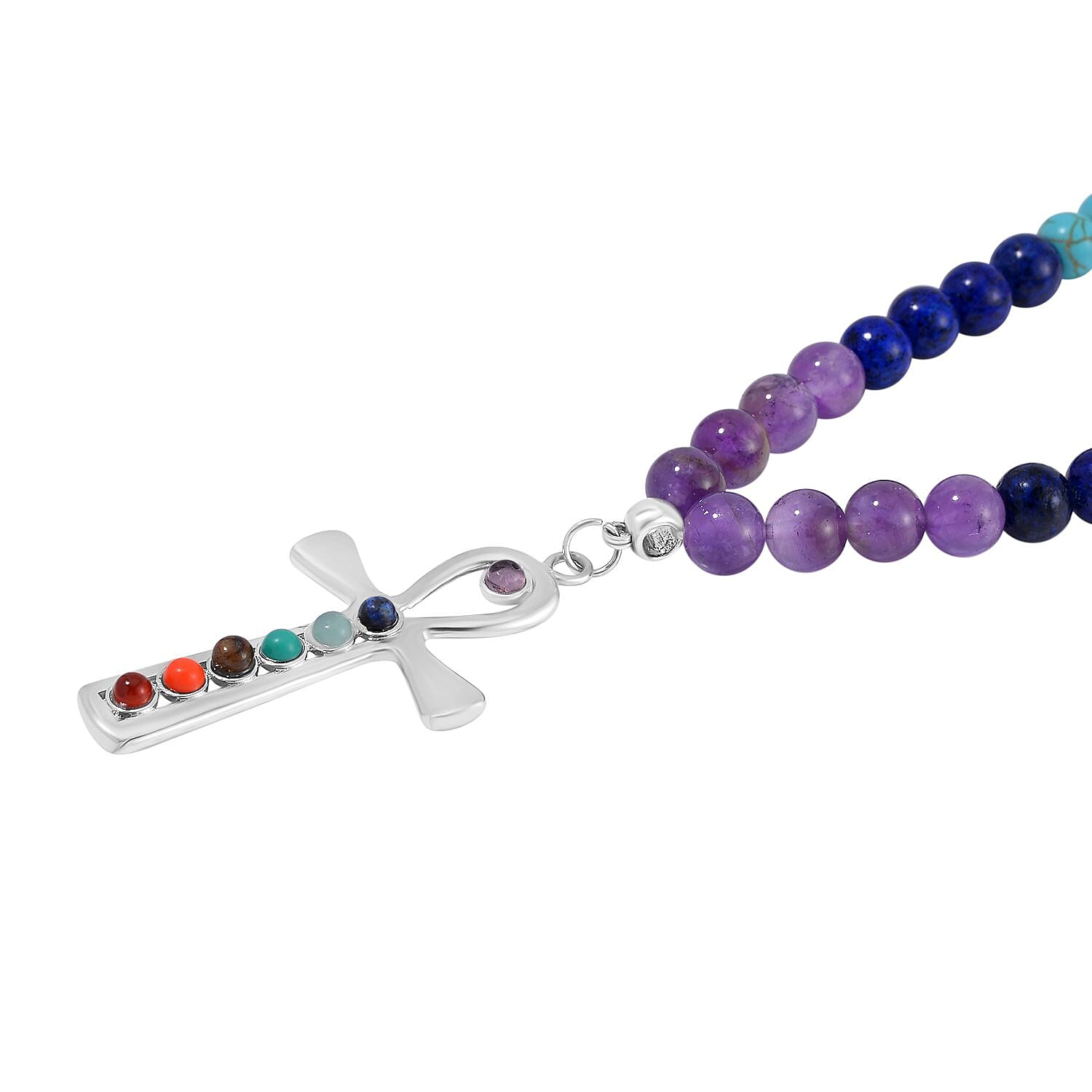 Multi Gemstone 325.00 ctw Beaded Seven Chakra Cross Necklace 18-20 Inches and Stretch Bracelet in Silvertone