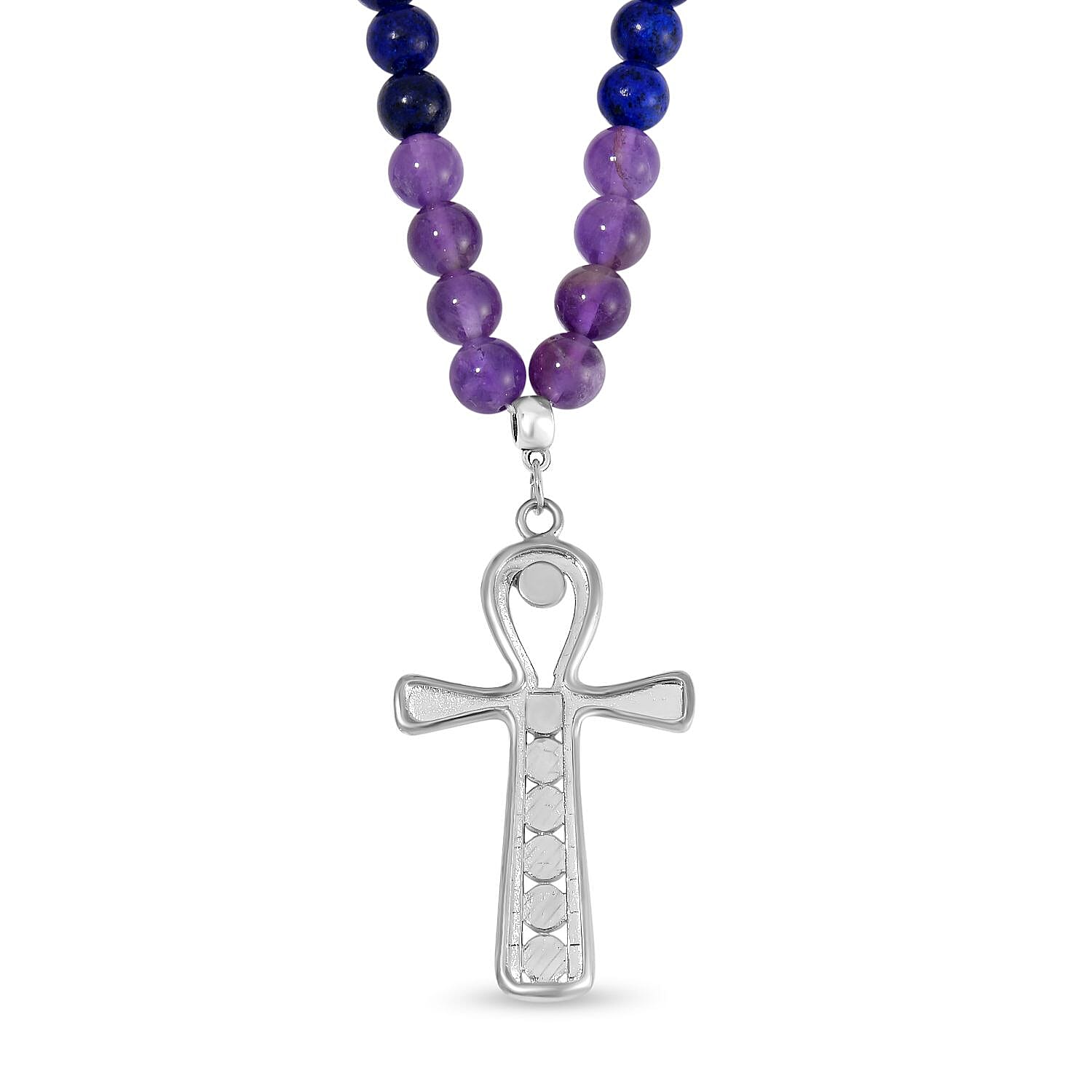 Multi Gemstone 325.00 ctw Beaded Seven Chakra Cross Necklace 18-20 Inches and Stretch Bracelet in Silvertone