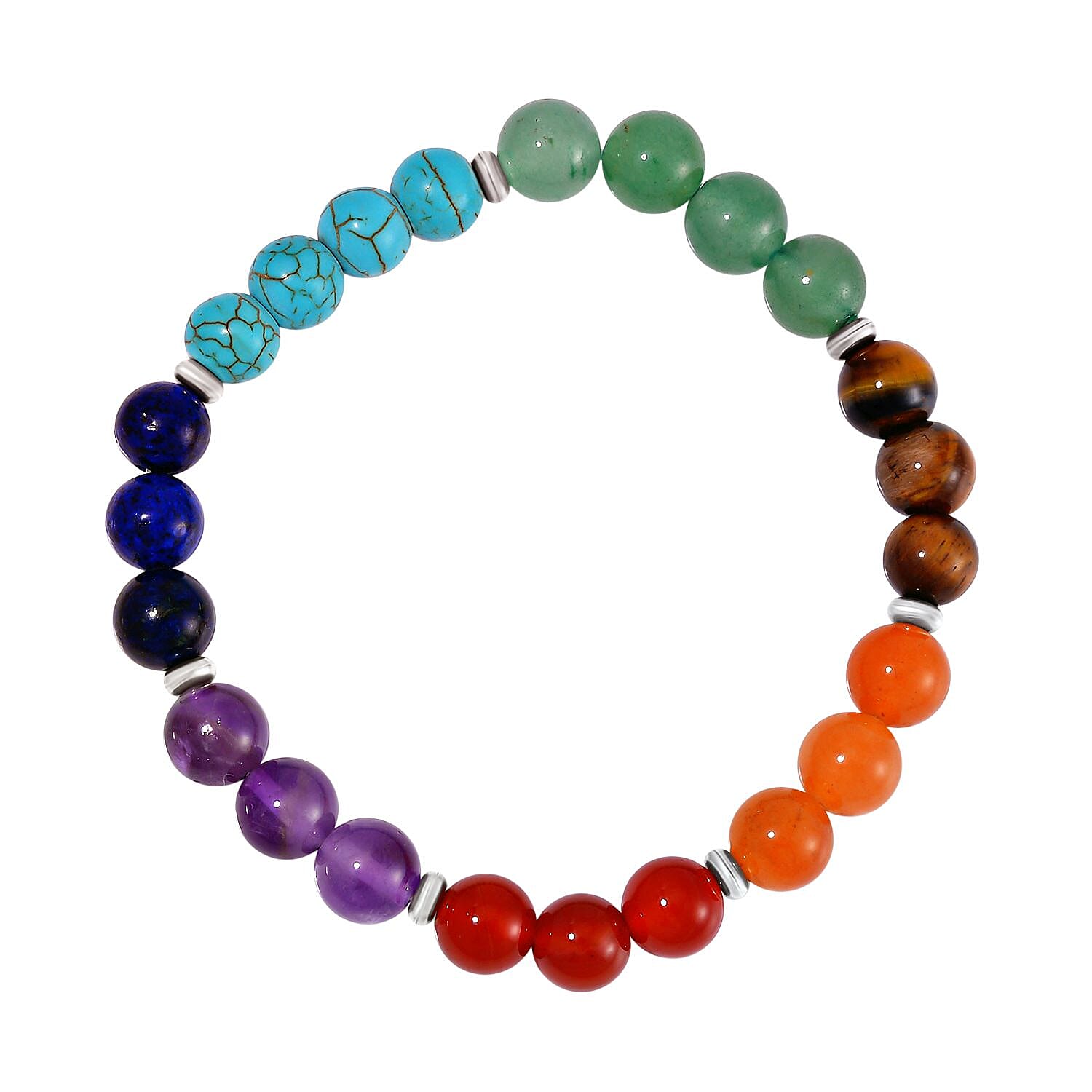 Multi Gemstone 325.00 ctw Beaded Seven Chakra Cross Necklace 18-20 Inches and Stretch Bracelet in Silvertone