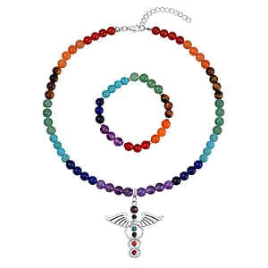 Multi Gemstone Beaded Seven Chakra Angel Wing Necklace (18-20 Inches) and Stretch Bracelet in Silvertone 325.00 ctw