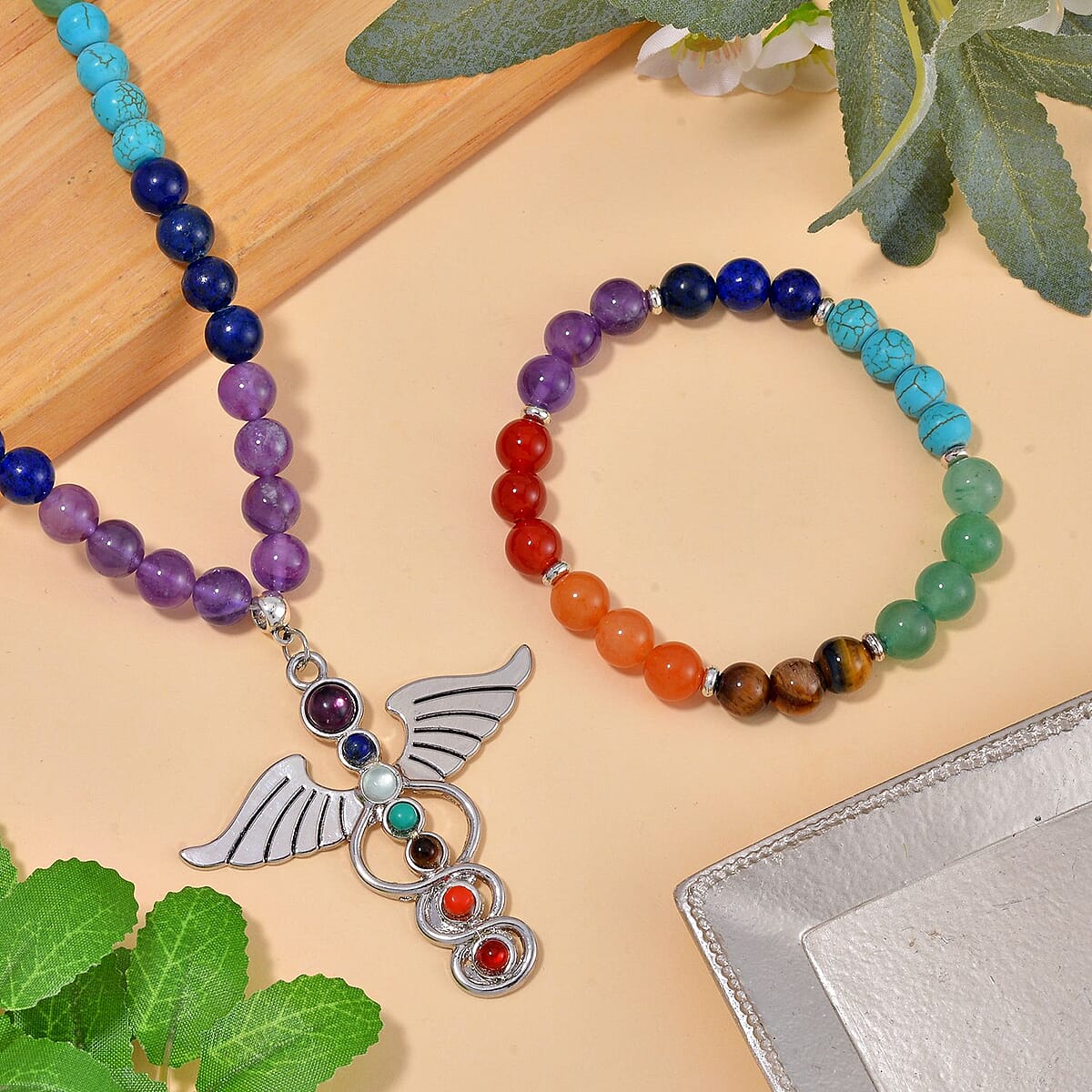 Multi Gemstone Beaded Seven Chakra Angel Wing Necklace (18-20 Inches) and Stretch Bracelet in Silvertone 325.00 ctw image number 1