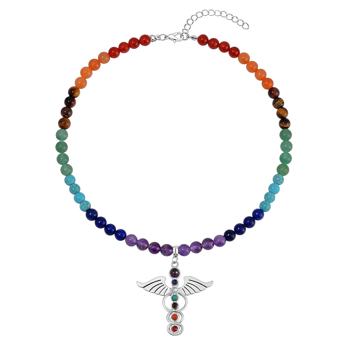 Multi Gemstone Beaded Seven Chakra Angel Wing Necklace (18-20 Inches) and Stretch Bracelet in Silvertone 325.00 ctw image number 2