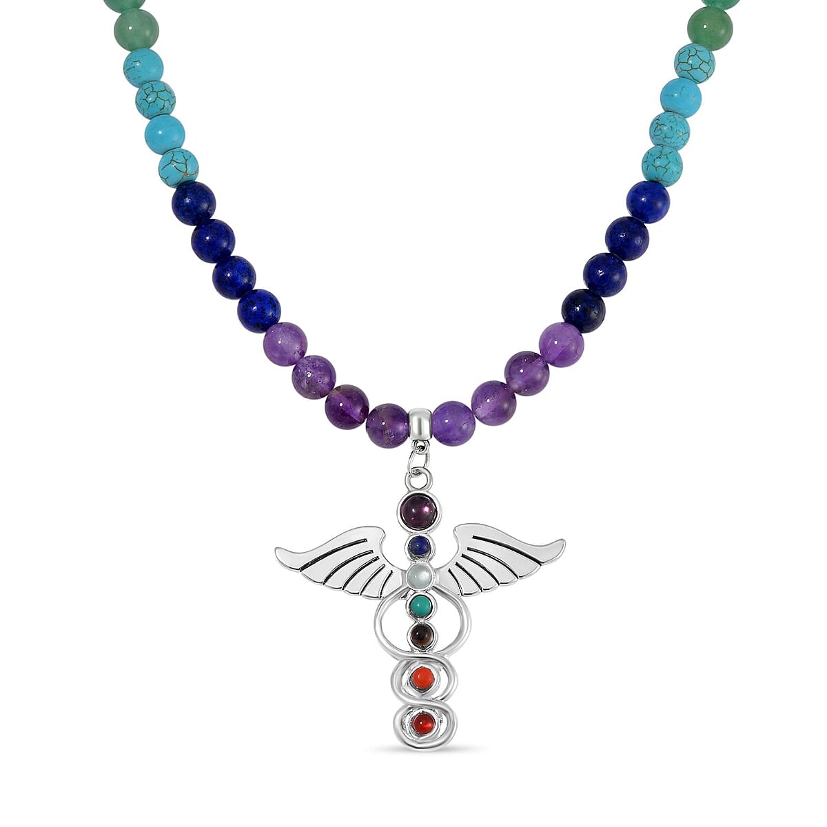 Multi Gemstone Beaded Seven Chakra Angel Wing Necklace (18-20 Inches) and Stretch Bracelet in Silvertone 325.00 ctw image number 3