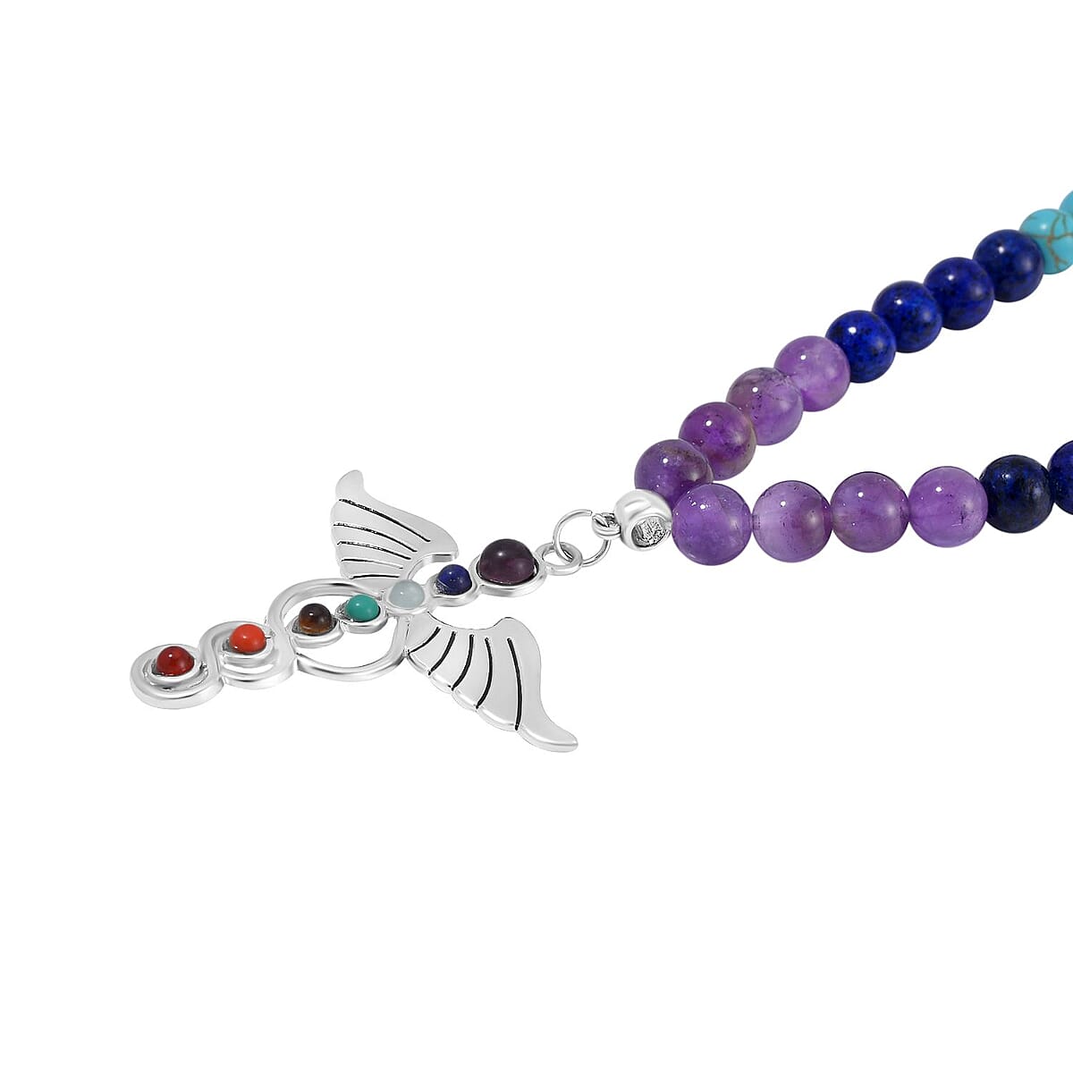 Multi Gemstone Beaded Seven Chakra Angel Wing Necklace (18-20 Inches) and Stretch Bracelet in Silvertone 325.00 ctw image number 4