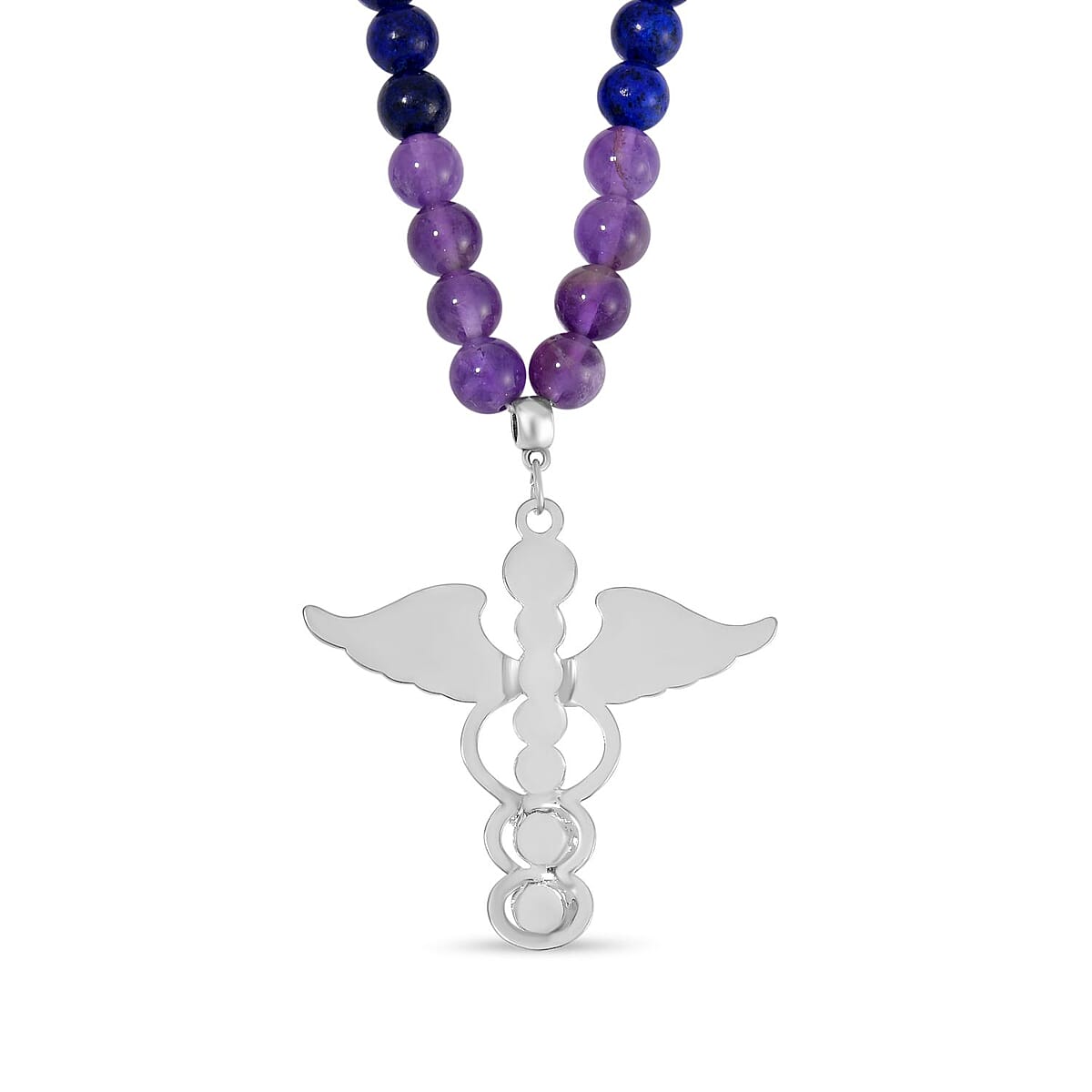 Multi Gemstone Beaded Seven Chakra Angel Wing Necklace (18-20 Inches) and Stretch Bracelet in Silvertone 325.00 ctw image number 6