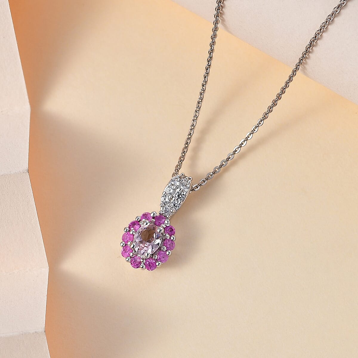 Narsipatnam Pink Spinel and Multi Gemstone Pendant Necklace 20 Inches in Rhodium Over Sterling Silver 1.00 ctw image number 1