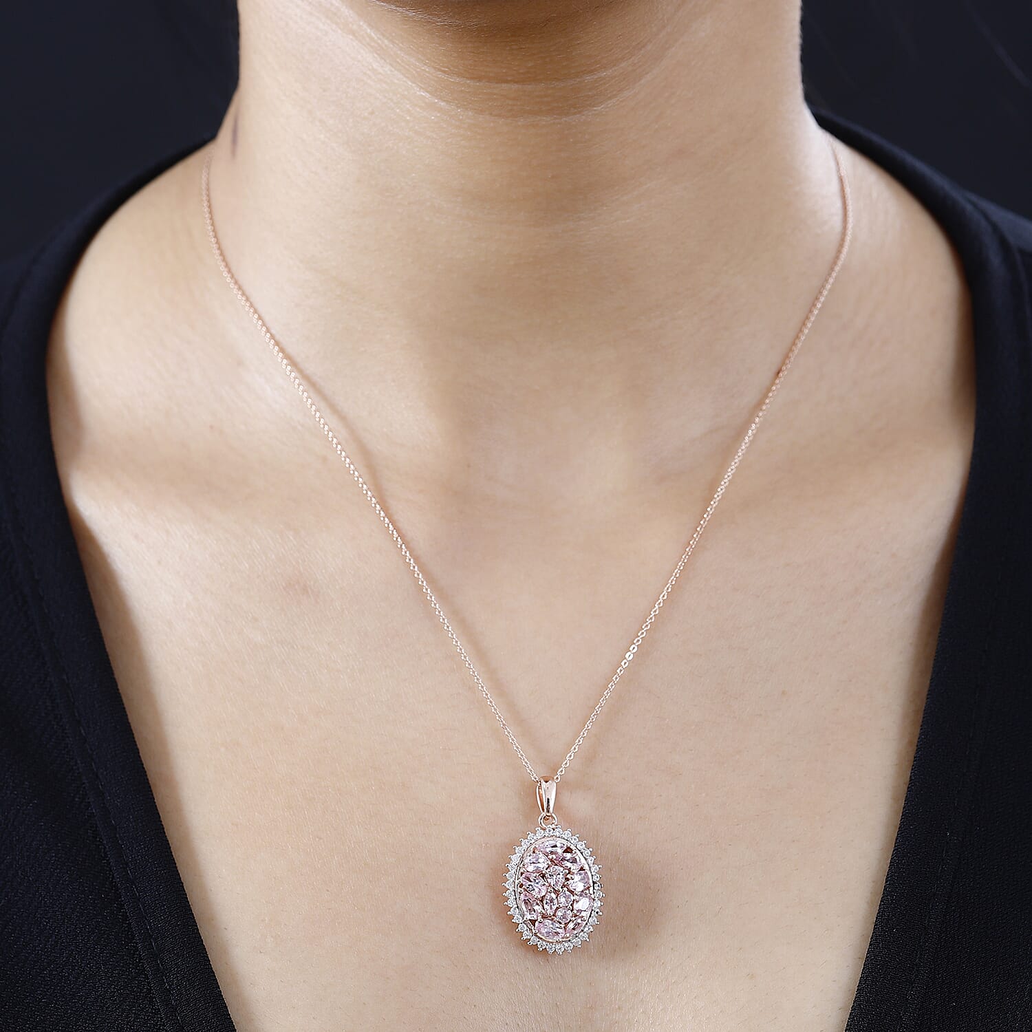Narsipatnam Pink Spinel and White Zircon Pendant Necklace 20 Inches in 18K Vermeil Rose Gold Over Sterling Silver 2.60 ctw