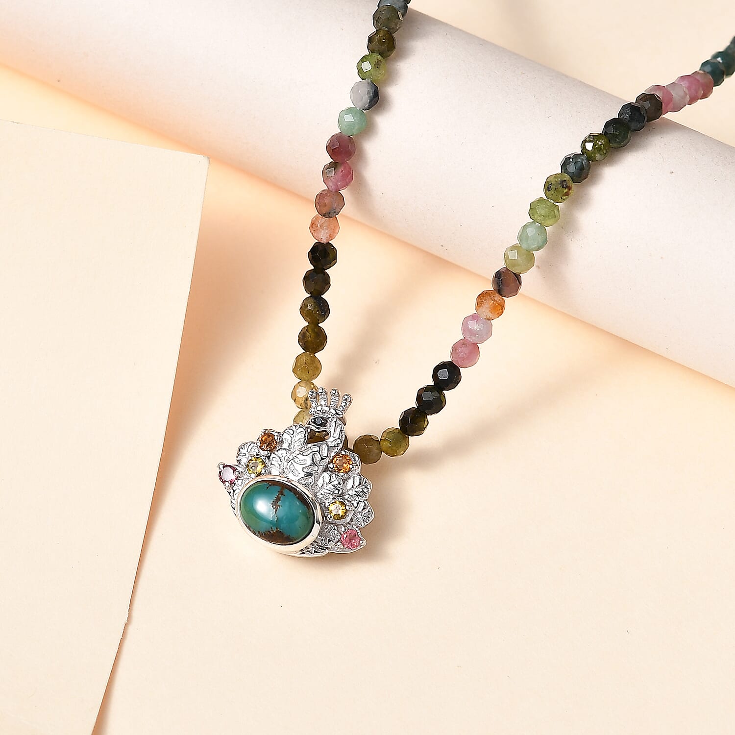 Sierra Nevada Turquoise and Multi Gemstone Pendant with Beaded Necklace 20 Inches in Rhodium Over Sterling Silver 37.90 ctw