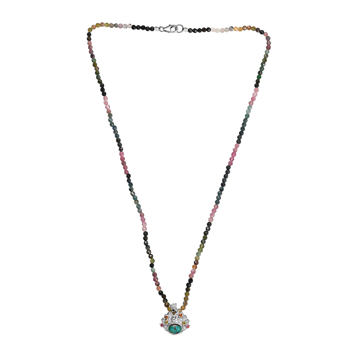 Sierra Nevada Turquoise and Multi Gemstone Pendant with Beaded Necklace 20 Inches in Rhodium Over Sterling Silver 37.90 ctw