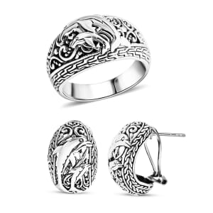 Bali Legacy Sterling Silver Dolphin Ring (Size 5.0) and Earrings 16.60 Grams