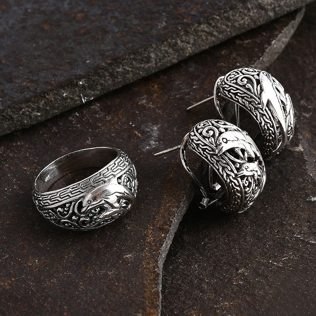 Bali Legacy Sterling Silver Dolphin Ring (Size 7.0) and Earrings 16.60 Grams image number 1