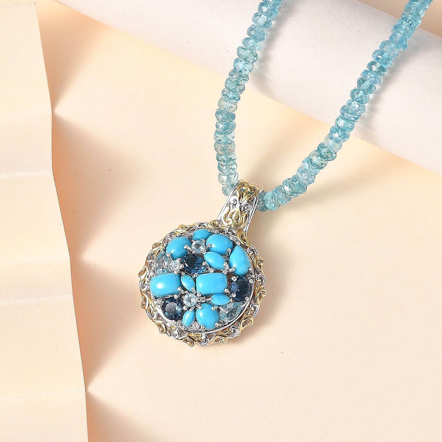 Sleeping Beauty Turquoise and Multi Gemstone Cocktail Pendant with Beaded Necklace 20In in 18K Vermeil YG and Rhodium Over Sterling Silver 75.15 ctw