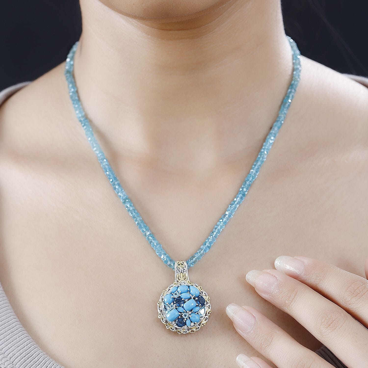 Sleeping Beauty Turquoise and Multi Gemstone Cocktail Pendant with Beaded Necklace 20In in 18K Vermeil YG and Rhodium Over Sterling Silver 75.15 ctw