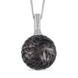 Tahitian Cultured Pearl and Moissanite Lotus Carved Pendant Necklace 18 Inches in Rhodium Over Sterling Silver 0.10 ctw