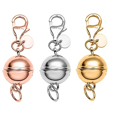 14K YRG and Rhodium Over Sterling Silver Set of 3 9mm Round Magnetic Lock with Lobster Clasp and 2pcs Flat Rolo Diamond-cut Chain Necklace (24 Inches) 32.80 Grams