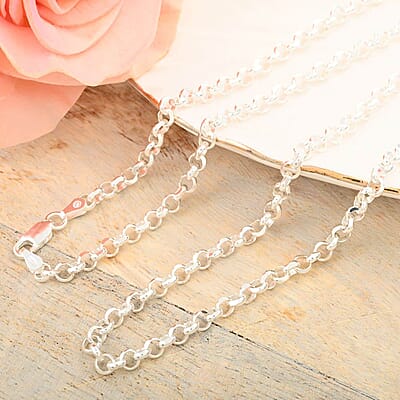 14K YRG and Rhodium Over Sterling Silver Set of 3 9mm Round Magnetic Lock with Lobster Clasp and 2pcs Flat Rolo Diamond-cut Chain Necklace (24 Inches) 32.80 Grams