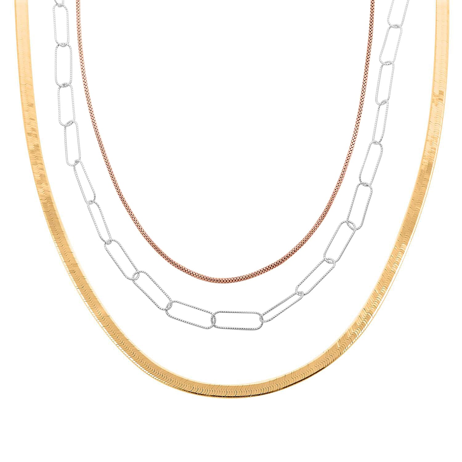 Set of 3 14K YRG Over Sterling Silver Herringbone, Paperclip and Diamond-Cut Coryana Chain Necklace 20, 22, 24 Inches 27.40 Grams