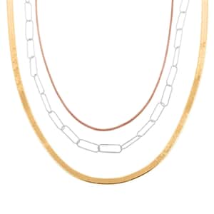 Set of 3 14K YRG Over Sterling Silver Herringbone, Paperclip and Diamond-Cut Coryana Chain Necklace 20, 22, 24 Inches 27.40 Grams
