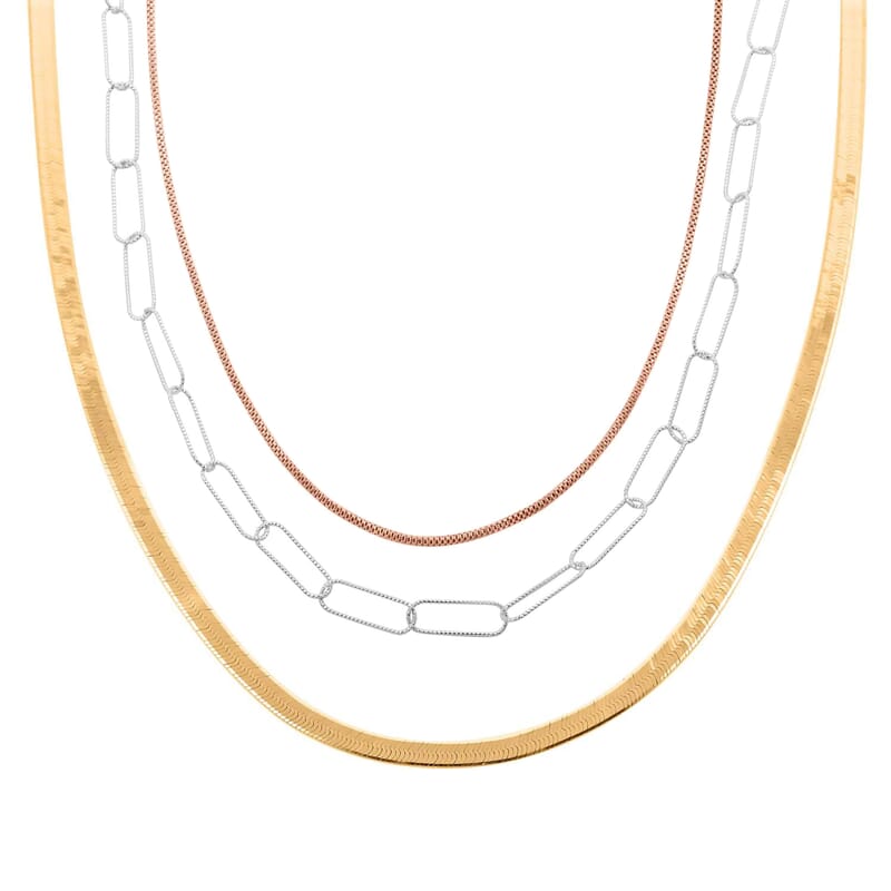 Set of 3 14K YRG Over Sterling Silver Herringbone, Paperclip and Diamond-Cut Coryana Chain Necklace 20, 22, 24 Inches 27.40 Grams