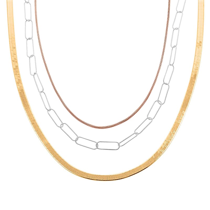 Set of 3 14K YRG Over Sterling Silver Herringbone, Paperclip and Diamond-Cut Coryana Chain Necklace 20, 22, 24 Inches 27.40 Grams