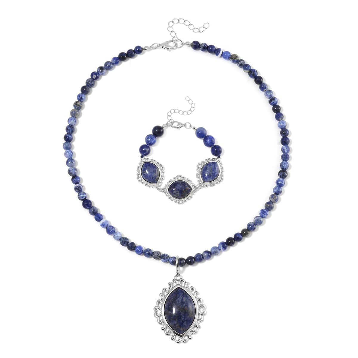 TLV Sodalite Pendant with Beaded Necklace (18-20 Inches) and Bracelet (8-10In) in Silvertone 300.00 ctw image number 0