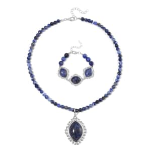 Sodalite Pendant with Beaded Necklace 18-20 Inches and Bracelet (8-10In) in Silvertone 300.00 ctw