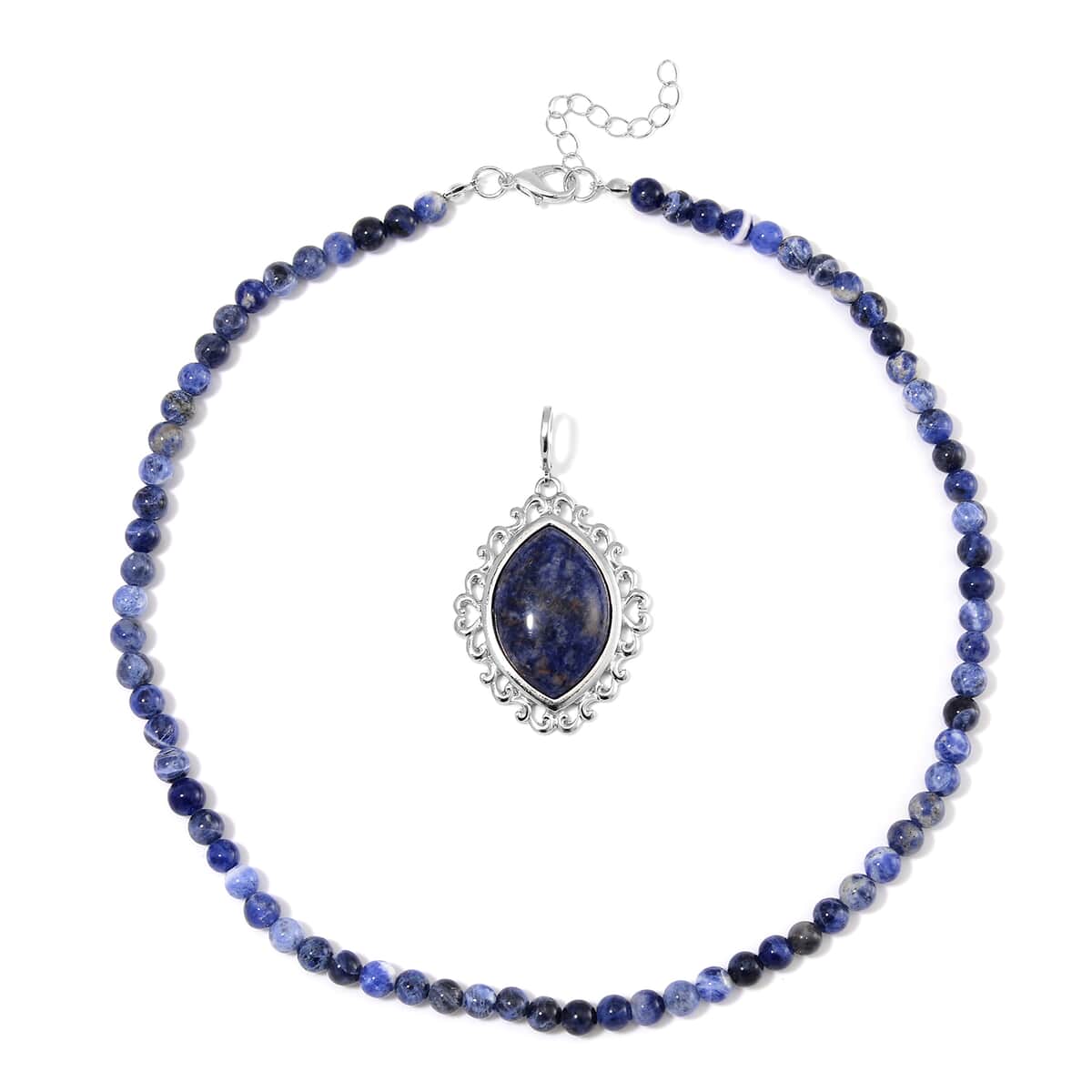 TLV Sodalite Pendant with Beaded Necklace (18-20 Inches) and Bracelet (8-10In) in Silvertone 300.00 ctw image number 3