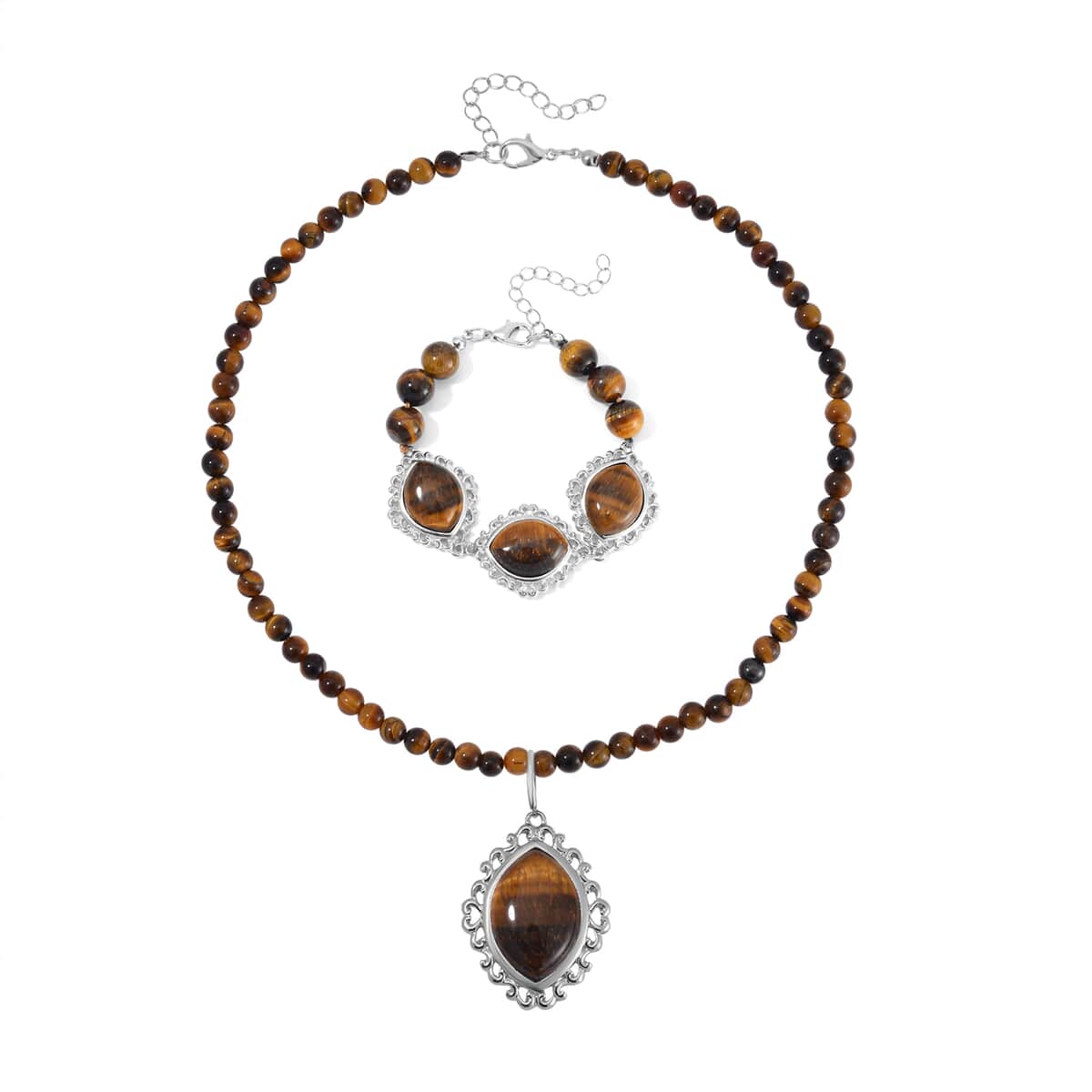 Tigers Eye 295.00 ctw Pendant with Beaded Necklace 18-20 Inches and Bracelet (8-10In) in Silvertone image number 0