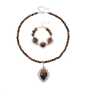 Tigers Eye 295.00 ctw Pendant with Beaded Necklace 18-20 Inches and Bracelet (8-10In) in Silvertone