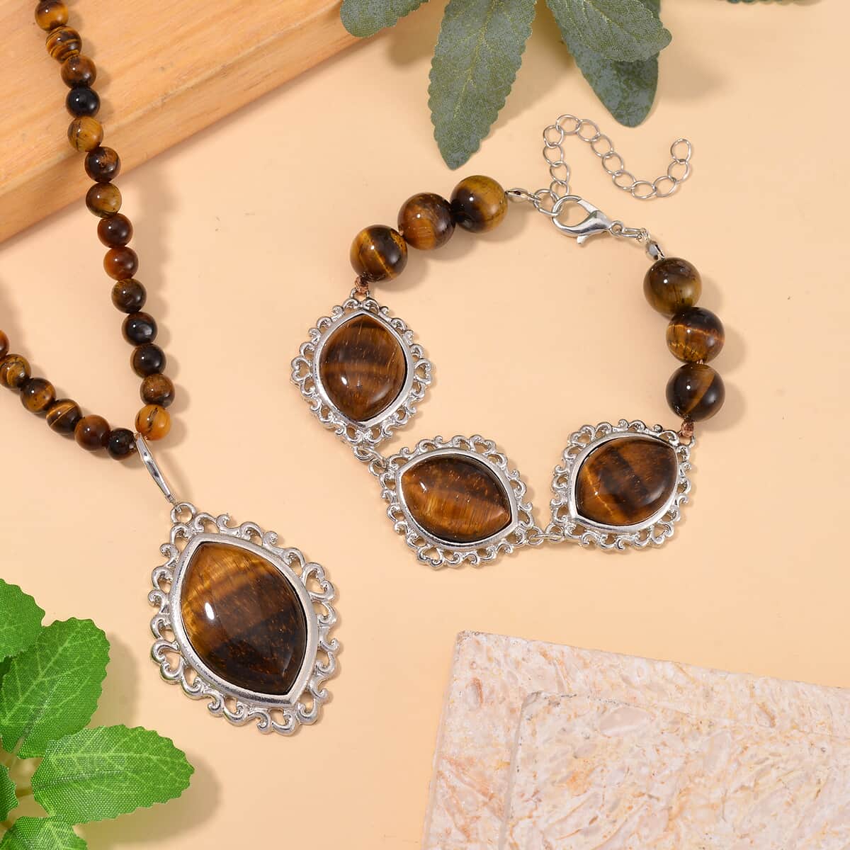 Tigers Eye 295.00 ctw Pendant with Beaded Necklace 18-20 Inches and Bracelet (8-10In) in Silvertone image number 1