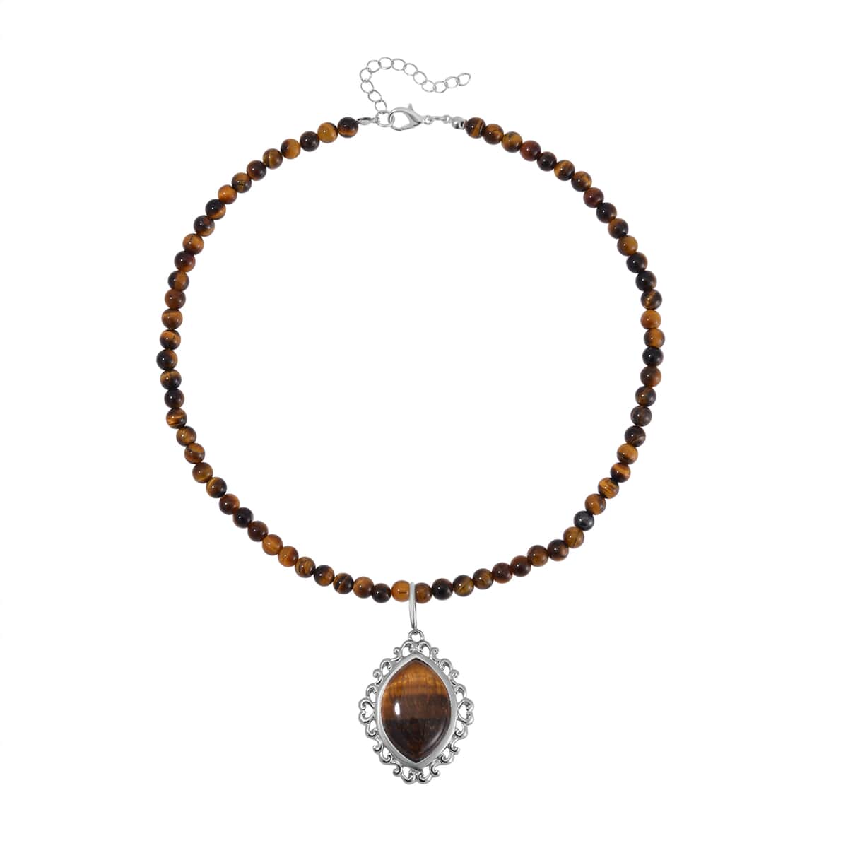 Tigers Eye 295.00 ctw Pendant with Beaded Necklace 18-20 Inches and Bracelet (8-10In) in Silvertone image number 2