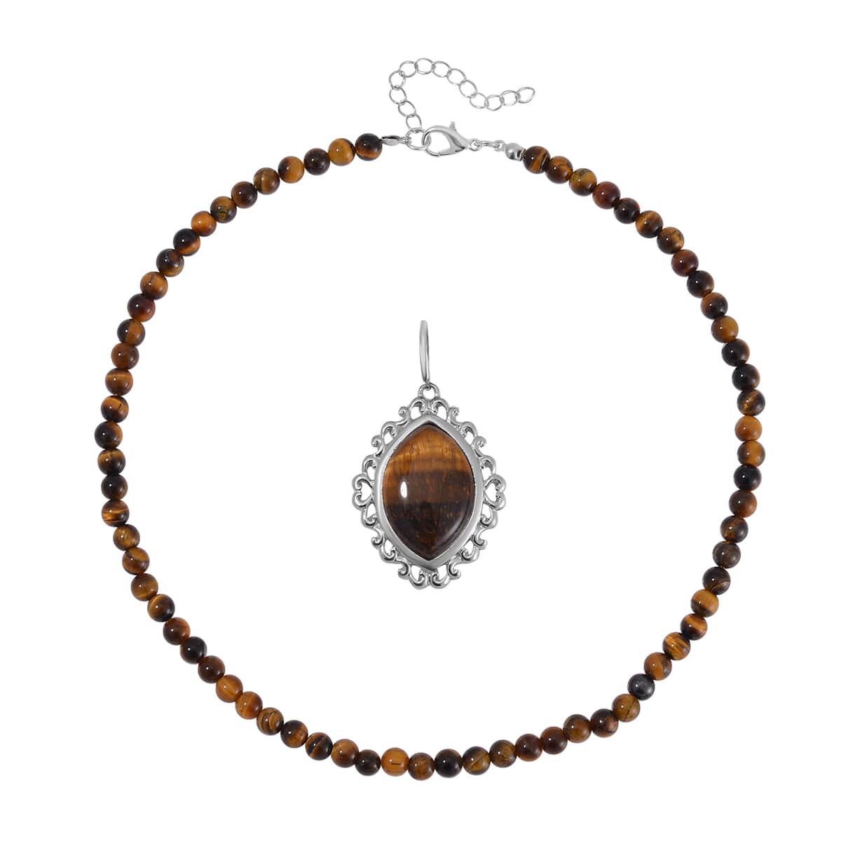 Tigers Eye 295.00 ctw Pendant with Beaded Necklace 18-20 Inches and Bracelet (8-10In) in Silvertone image number 3