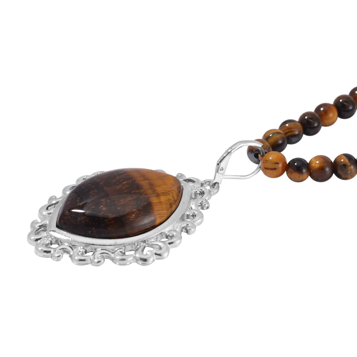 Tigers Eye 295.00 ctw Pendant with Beaded Necklace 18-20 Inches and Bracelet (8-10In) in Silvertone image number 4