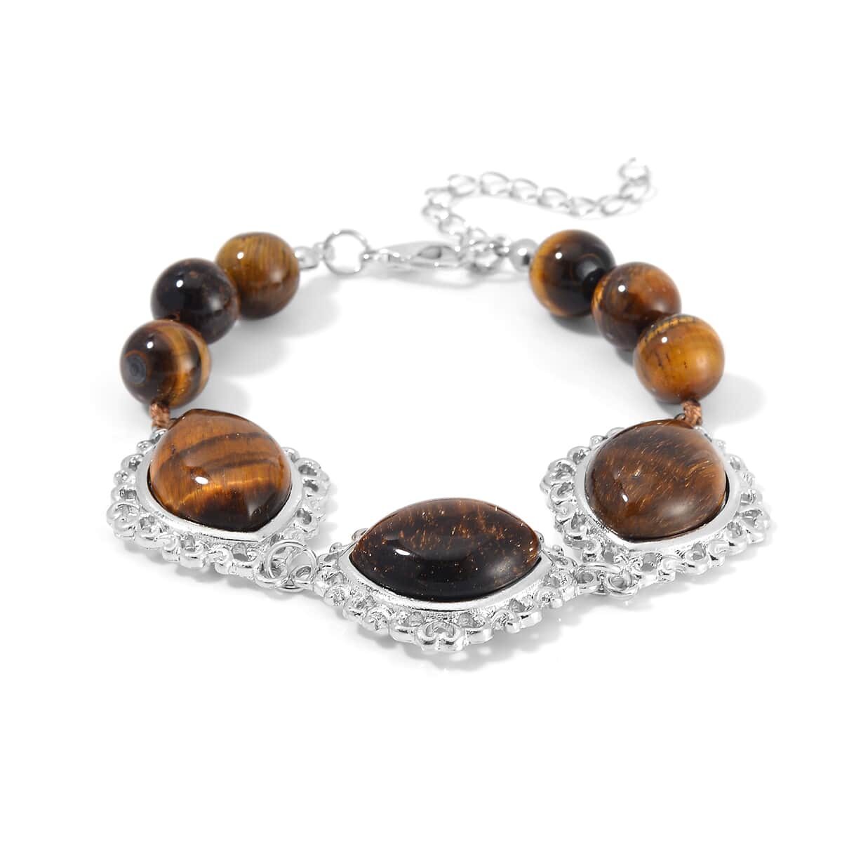 Tigers Eye 295.00 ctw Pendant with Beaded Necklace 18-20 Inches and Bracelet (8-10In) in Silvertone image number 7