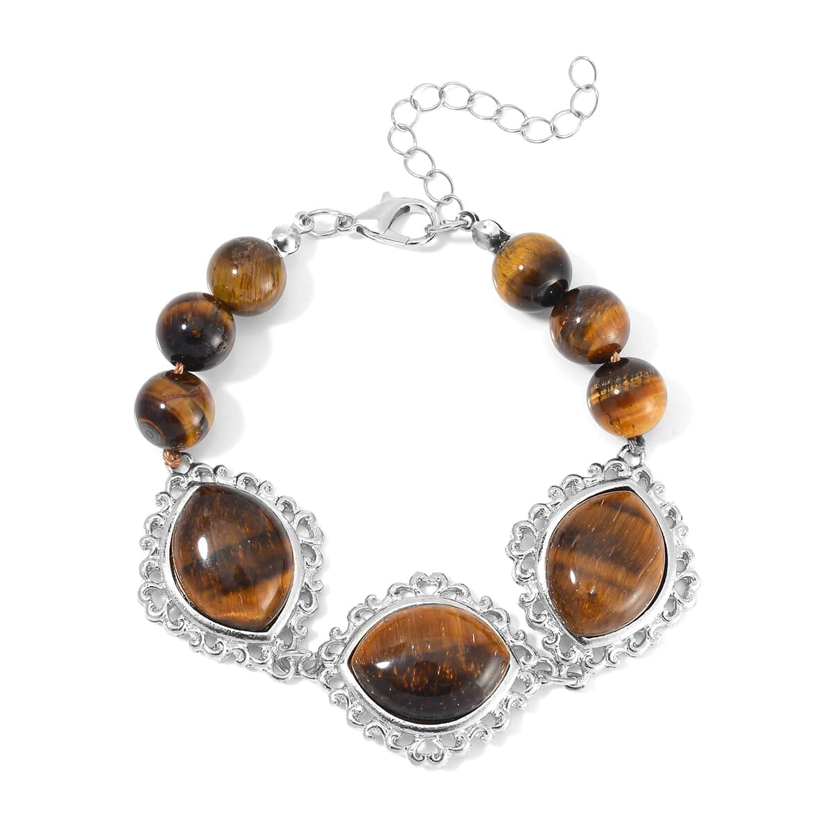 Tigers Eye 295.00 ctw Pendant with Beaded Necklace 18-20 Inches and Bracelet (8-10In) in Silvertone image number 8