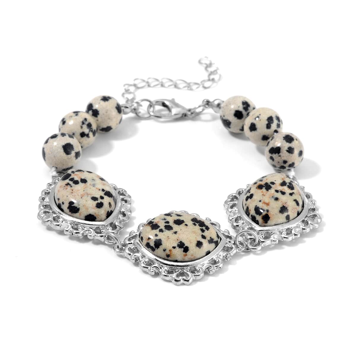 Dalmatian Jasper Pendant with Beaded Necklace 18-20 Inches and Bracelet (8-10In) in Silvertone 275.00 ctw image number 7