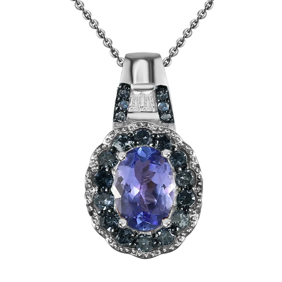 Peacock Tanzanite, Blue and White Diamond 1.20 ctw Halo Pendant Necklace in Platinum Over Sterling Silver 20 Inches image number 0