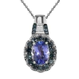 Peacock Tanzanite, Blue and White Diamond 1.20 ctw Halo Pendant Necklace in Platinum Over Sterling Silver 20 Inches
