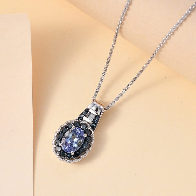Peacock Tanzanite, Blue and White Diamond 1.20 ctw Halo Pendant Necklace in Platinum Over Sterling Silver 20 Inches