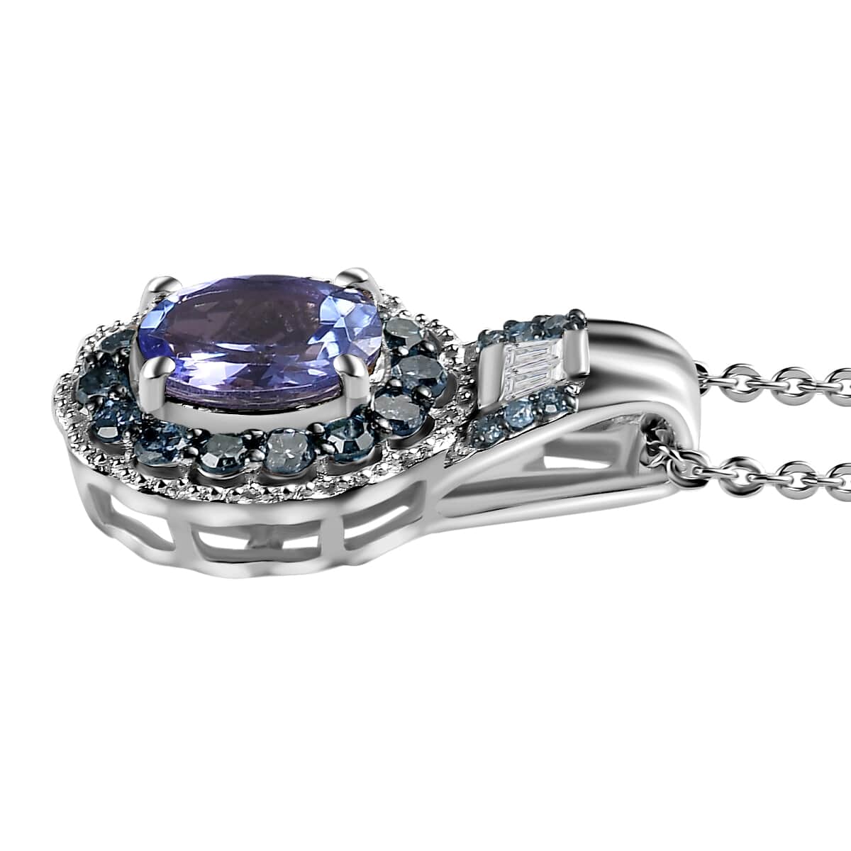 Peacock Tanzanite, Blue and White Diamond 1.20 ctw Halo Pendant Necklace in Platinum Over Sterling Silver 20 Inches image number 3