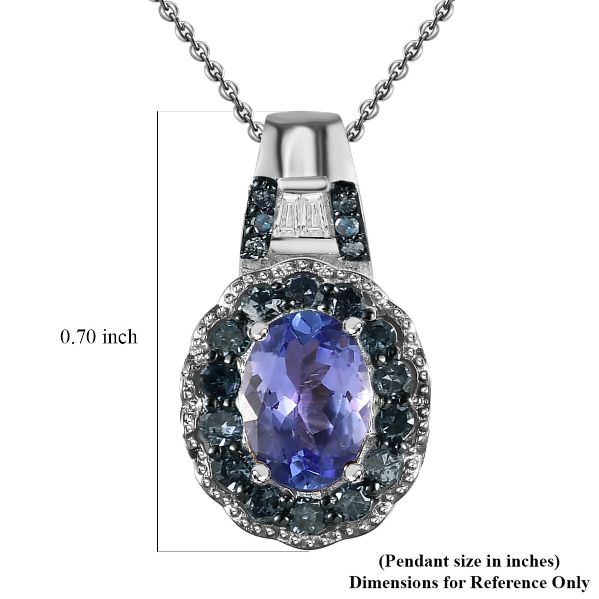 Peacock Tanzanite, Blue and White Diamond 1.20 ctw Halo Pendant Necklace in Platinum Over Sterling Silver 20 Inches image number 6