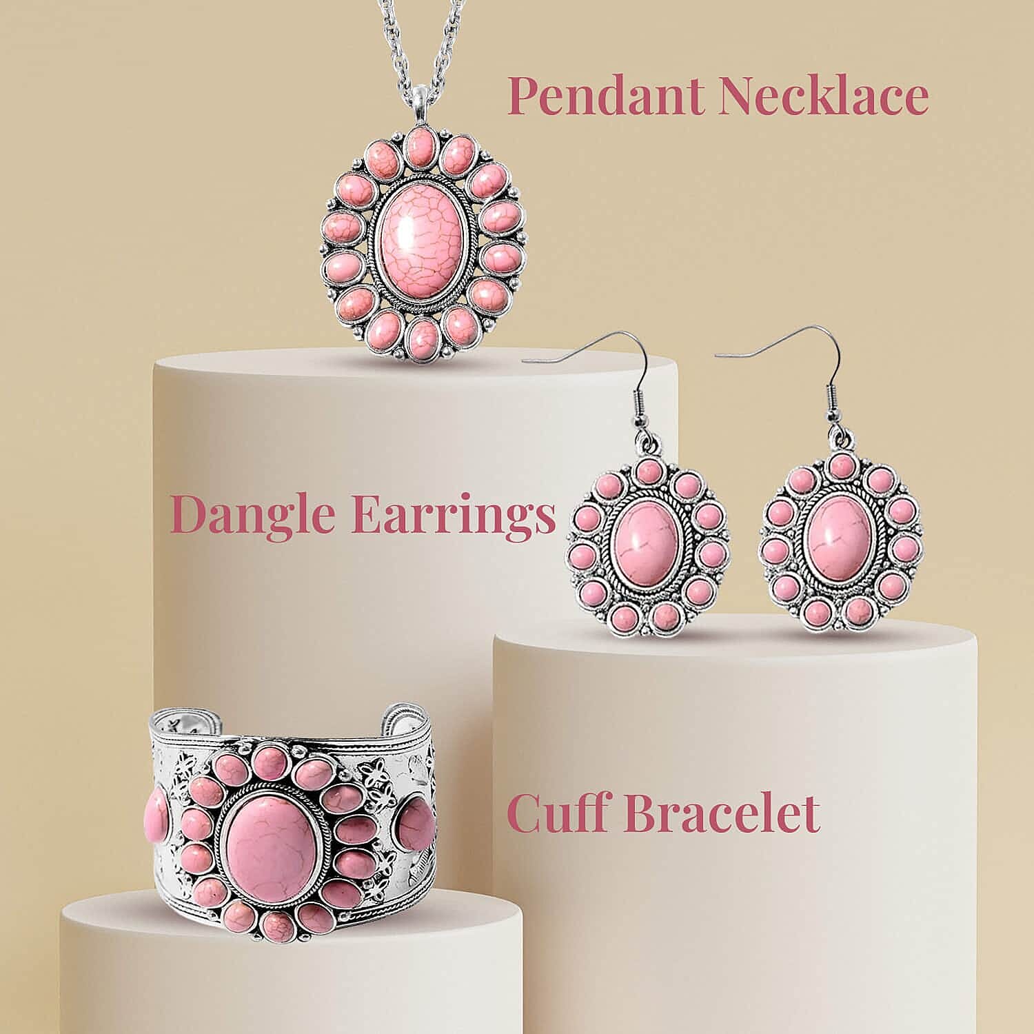 Set of 3 Multi Color Howlite Floral Cuff Bracelet (7.50-8.50 In), Earrings and Pendant Necklace (26-30 Inches) Jewelry Set in Silvertone 470.00 ctw